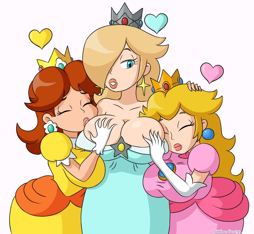 3girls alternate_breast_size breast_grab breast_squeeze breasts brown_hair clothed crown earrings female female_focus hands_behind_head lips mario_(series) nintendo princess princess_daisy princess_peach princess_rosalina royalty super_mario_bros. tagme unknowndraw6798 video_games yellow_hair