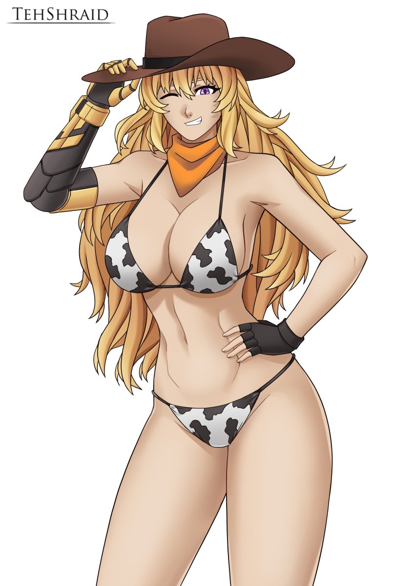 1girls blonde_female blonde_hair cow_print cow_print_bikini cowgirl_hat half-dressed half_naked long_hair long_hair_female purple_eyes robotic_arm rwby solo_female tehshraid yang_xiao_long