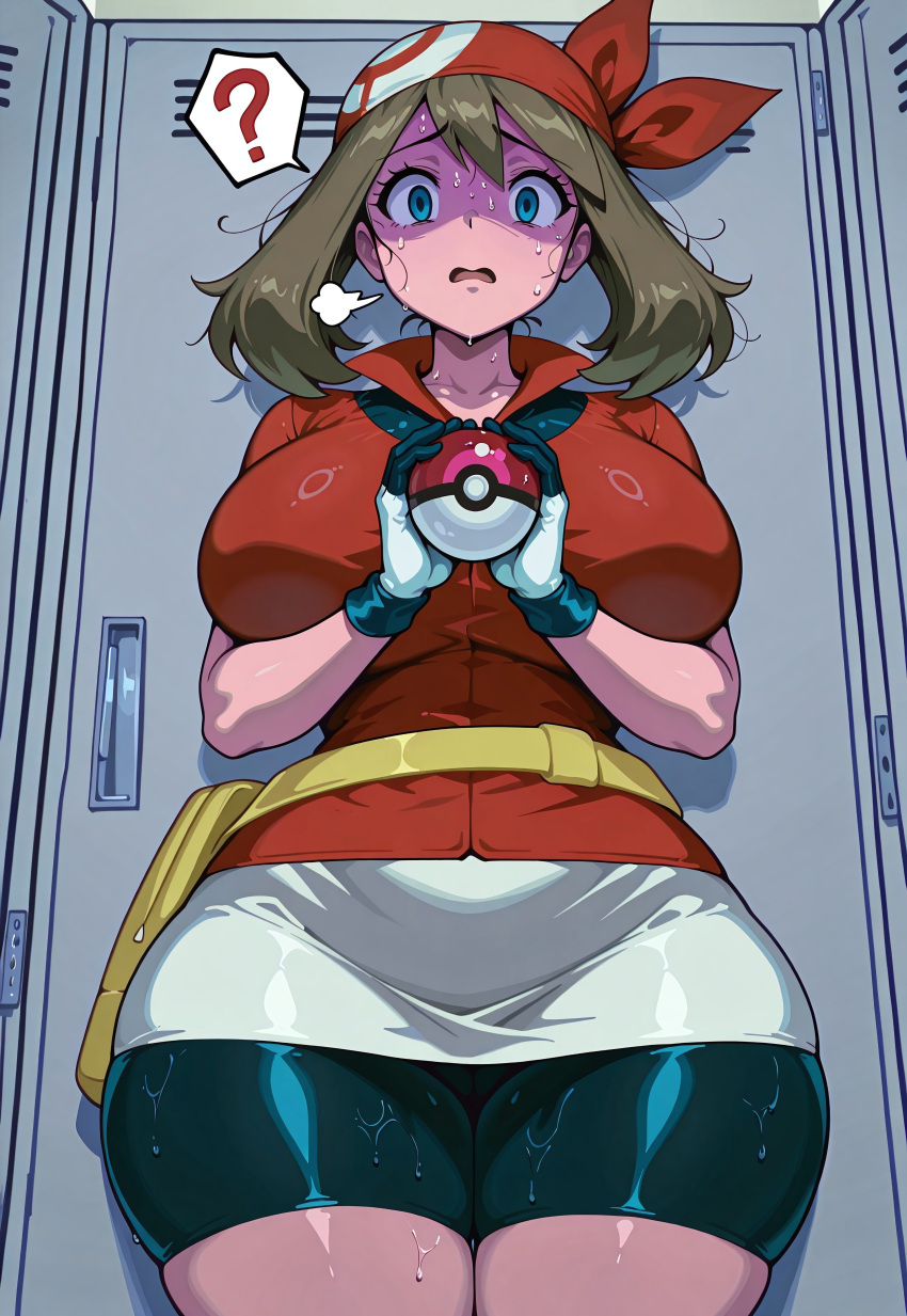 absurd_res absurd_resolution absurdres against_locker ai_assisted ai_generated bag bandana belt big_breasts blue_eyes brown_eyes confusion day detailed detailed_background female frightened front_view frown gloves gym high_resolution highres holding_object holding_poke_ball hourglass_figure huge_ass indoors locker_room looking_at_viewer may_(pokemon) miniskirt nintendo open_mouth parted_lips pokemon pokemon_oras questionable_consent scared shirt shorts sigh sighing slim_waist solo solo_female standing stressed sweat sweatdrop sweating sweating_profusely thick_thighs thunder_thighs thunderthighs voluptuous_female wide_hips