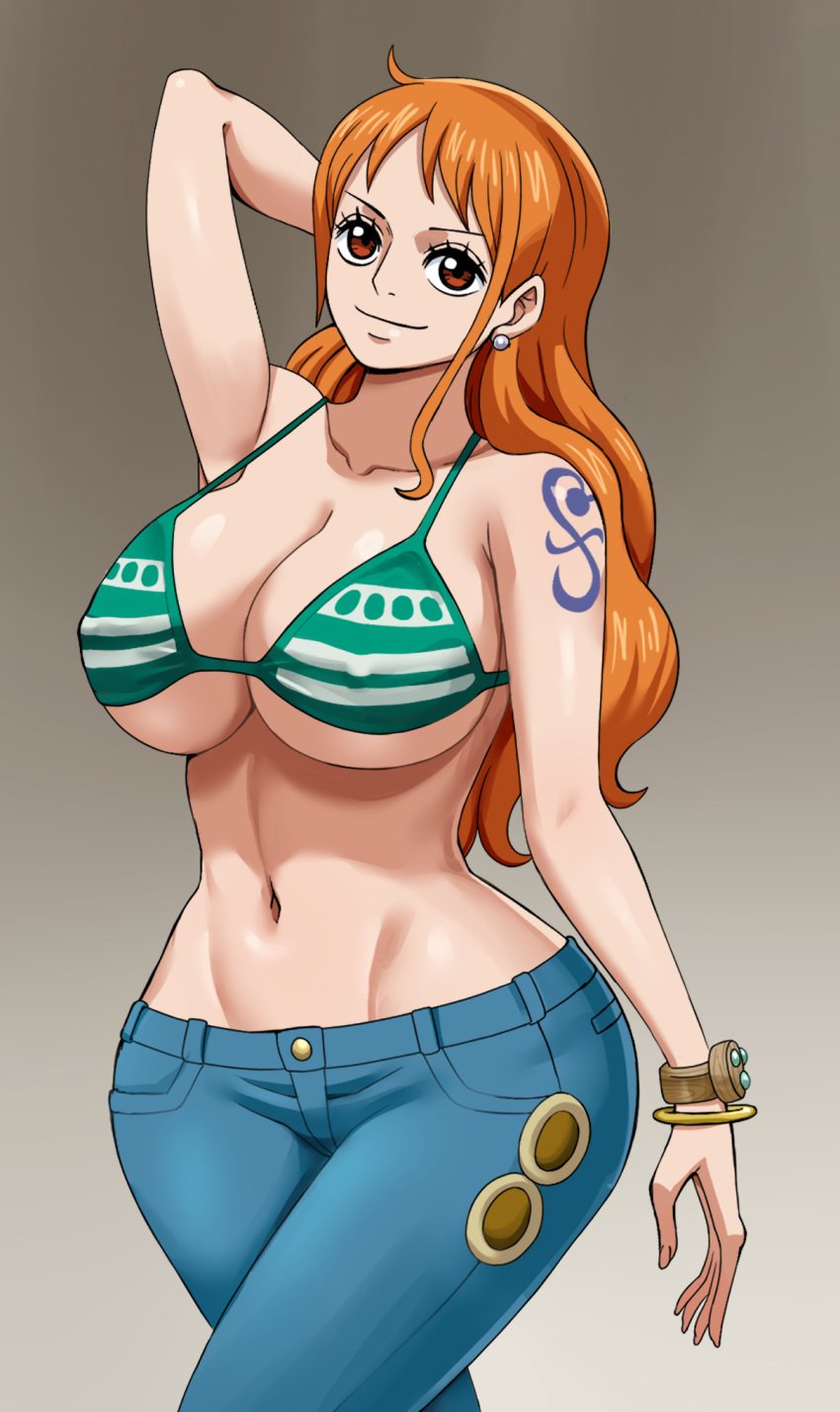 1girls 2d arm_up bare_shoulders big_breasts bikini bikini_top bracelet breasts cleavage clothing curvy curvy_female ear_piercing female female_only hand_behind_head jeans light-skinned_female light_skin long_hair nami nami_(one_piece) nipple_bulge one_piece orange_hair pinkpawg simple_background smile solo solo_female standing tagme tattoo