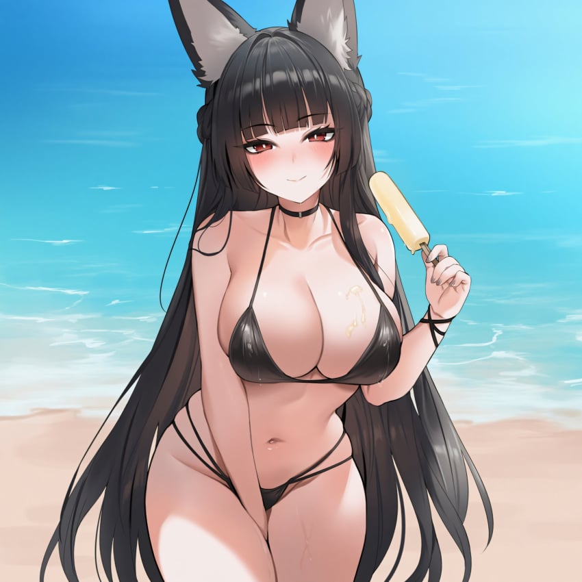 ai_generated animal_ears beach bikini black_bikini black_hair hoshimi_miyabi large_breasts long_hair looking_at_viewer navel popsicle red_eyes roxor smile zenless_zone_zero