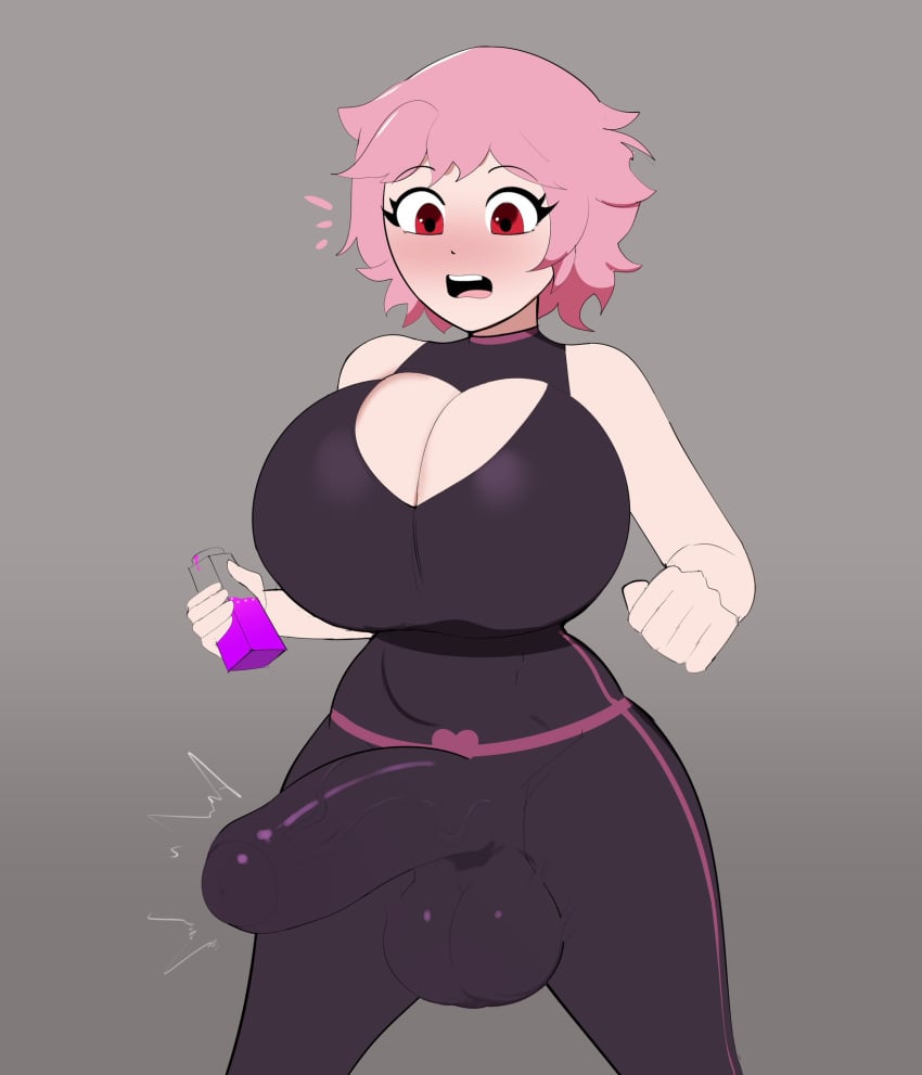 big_balls big_breasts big_penis bodysuit bulge bulge_through_clothing cock_growth futanari g3mma messy_hair pale_skin penis_bulge pink_hair potion potion_bottle red_eyes short_hair solo solo_futa surprised veiny_penis