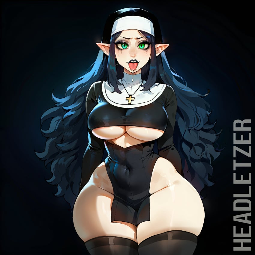 ai_generated drooling headletzer lilith_clawthorne looking_at_viewer nun_outfit simple_background tagme the_owl_house tongue underboob