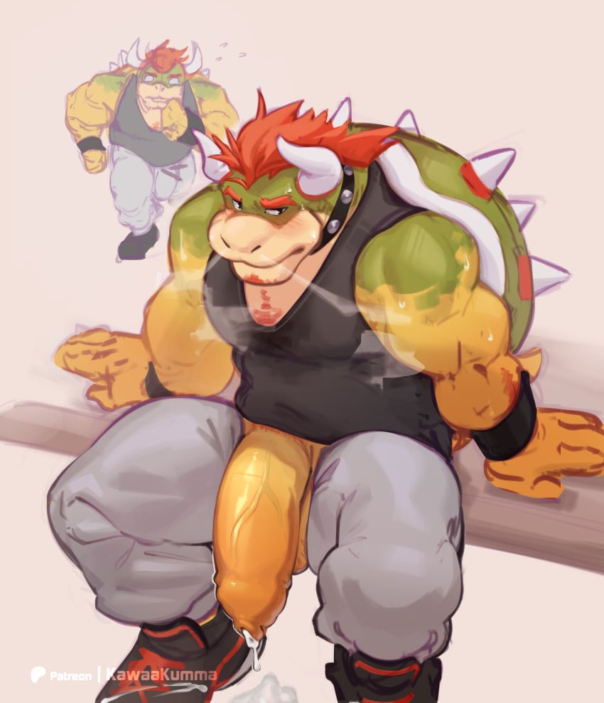 anthro balls big_balls big_bulge big_penis blush blush_lines body_hair bottomwear bowser breath bulge chest_hair clothed clothing cum detailed_bulge dialogue erection footwear fully_clothed genital_fluids genital_outline grey_sweatpants hair hi_res horn humanoid_genitalia humanoid_penis jogging kawaakumma koopa male mario_bros muscular muscular_anthro muscular_male nintendo pants penis penis_outline red_hair reptile scales scalie shell shirt shoes sitting sneakers solo speech_bubble spiked_shell spikes spikes_(anatomy) sweatpants tank_top topwear yellow_body yellow_scales