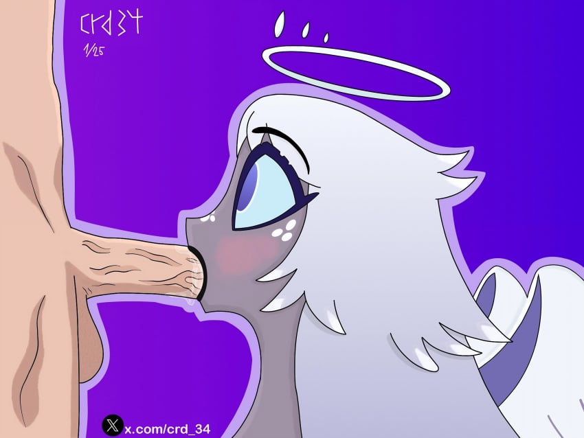 angel balls blue_eyes blush emily_(hazbin_hotel) eyelashes fellatio grey_skin halo hazbin_hotel light-skinned_male light_skin nude penis side_view side_view_fellatio simple_background unseen_male vivziepop white_hair wings