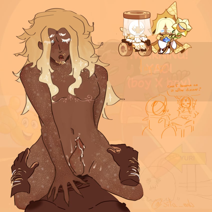 baumkuchen_cookie blonde_hair_male body_hair cookie_run cookie_run_kingdom cum futanari glitter intersex male pure_vanilla_cookie riding_penis tears tentacle_dick