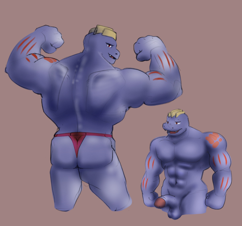 anthro ass balls barazoku clothing flexing front_view generation_1_pokemon genitals hi_res humanoid lavir machoke male muscular nintendo pecs penis pokemon pokemon_(species) rear_view scalie scar smile solo underwear