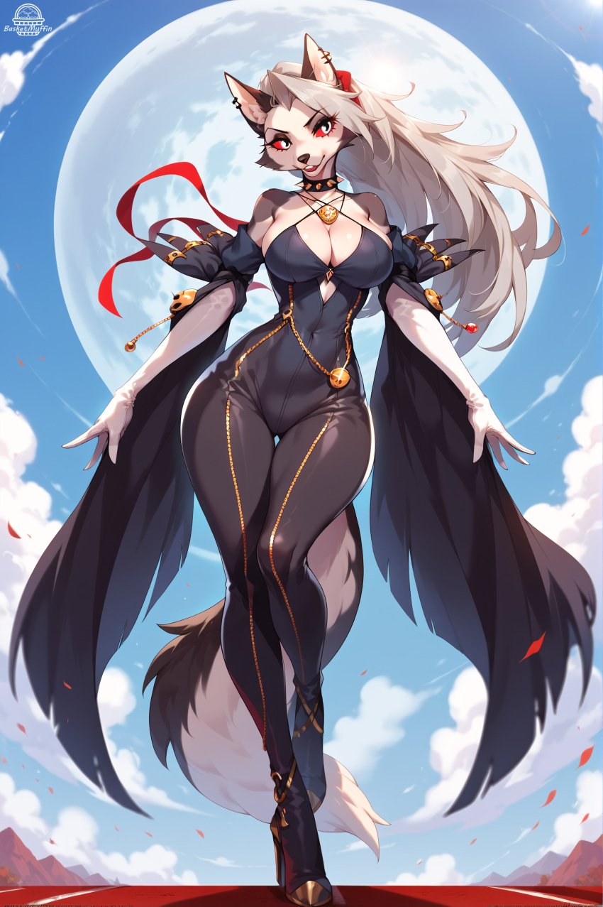 ai_generated basketmuffin bayonetta bayonetta_(cosplay) cleavage cosplay female_furry furry hellhound helluva_boss high_heels huge_breasts loona_(helluva_boss)