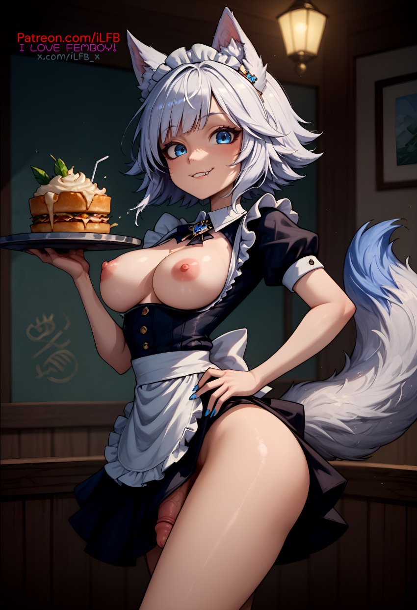 ai_generated blue_eyes cat_ears dickgirl fangs flaccid fox_ears fox_tail futanari ilfb looking_at_viewer maid maid_dress maid_headdress maid_outfit maid_uniform medium_breasts medium_hair oerba_yun_fang skirt standing white_hair