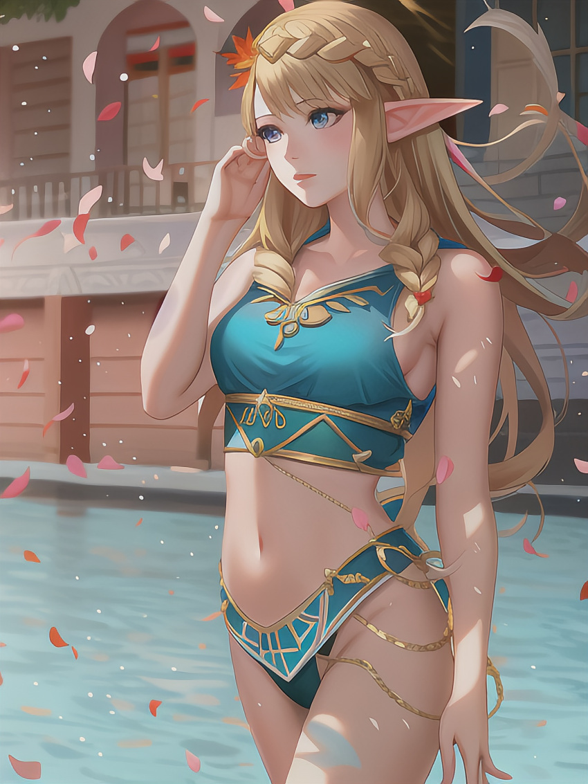 ai_generated bad_hands belly_button bikini bikini_bottom bikini_top blonde_female blonde_hair blonde_hair_female blue_eyes elf elf_ears elf_female elf_girl nintendo pointy_ears pool poolside princess_zelda the_legend_of_zelda video_game video_game_character video_games zelda_(breath_of_the_wild)