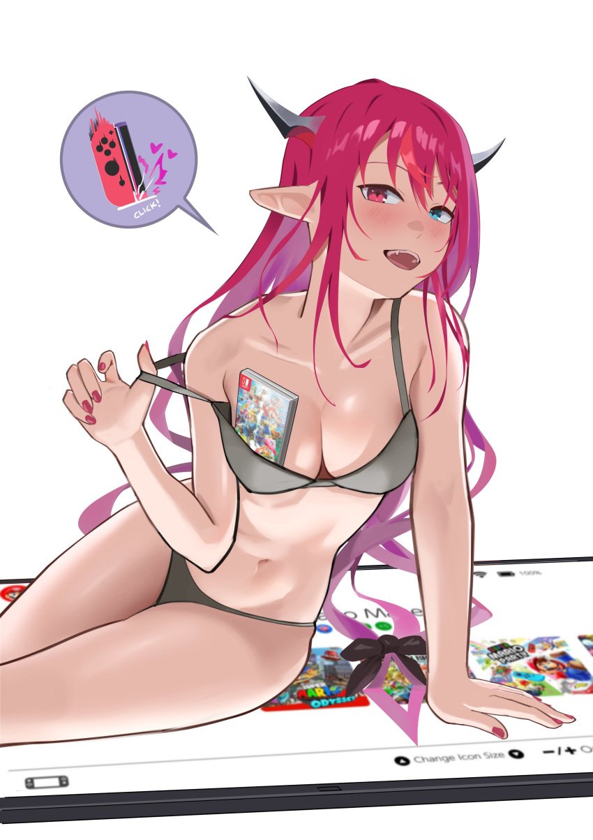 absurdres blue_eyes bra bra_pull bra_strap breasts cleavage clothes_pull fangs female heterochromia highres hololive hololive_english hololive_english_-promise- horn horns irys irys_(hololive) long_hair looking_at_viewer medium_breasts multicolored_hair navel nintendo_switch panties pink_eyes pointy_ears red_hair shift_(shiftillust) two-tone_hair underwear underwear_only very_long_hair virtual_youtuber