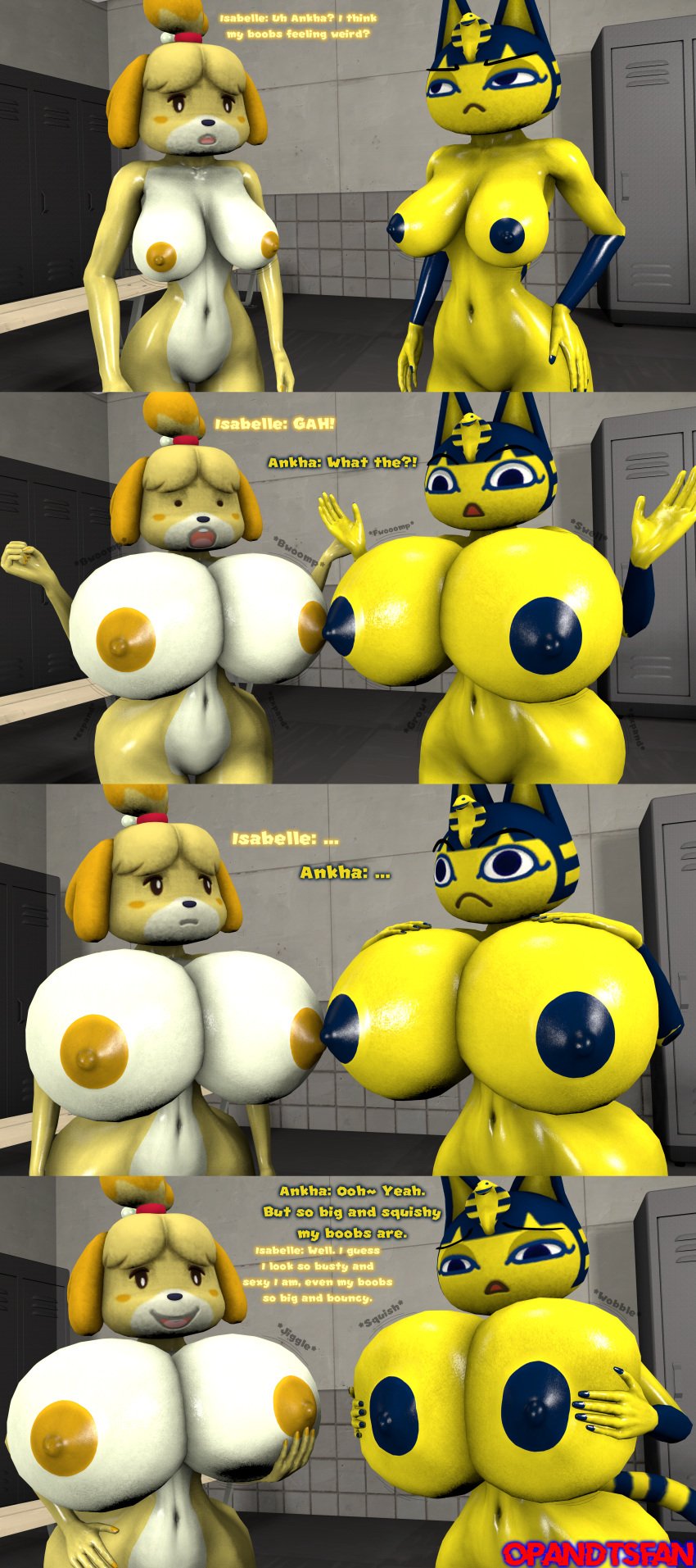 2023 2girls 3d animal_crossing ankha ankha_(animal_crossing) ass_expansion breast_expansion completely_nude egyptian_cat egyptian_female english_text female female_only furry furry_only hourglass_expansion hourglass_figure isabelle_(animal_crossing) nintendo nude opandtsfan source_filmmaker text