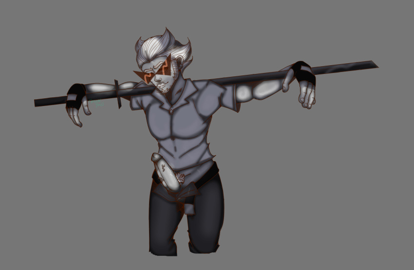 1boy bad_anatomy bro_strider clothed clothed_male homestuck katana muscular muscular_male penis_out solo_male sunglasses sword sword_on_shoulder toony white_hair