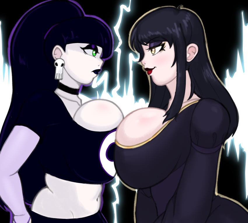 2girls absurd_res big_breasts blush breast_press breast_squish breasts breasts curvaceous curvy curvy_figure digital_media doocen earrings eye_contact eyeliner eyeshadow face_off_position female female_only goth goth_girl green_eyes huge_breasts lightning lindel_dollice_quilten lipstick original original_character original_characters pale-skinned_female purple_hair vampire velvet_rosang_(oc) voluptuous wide_hips yellow_eyes