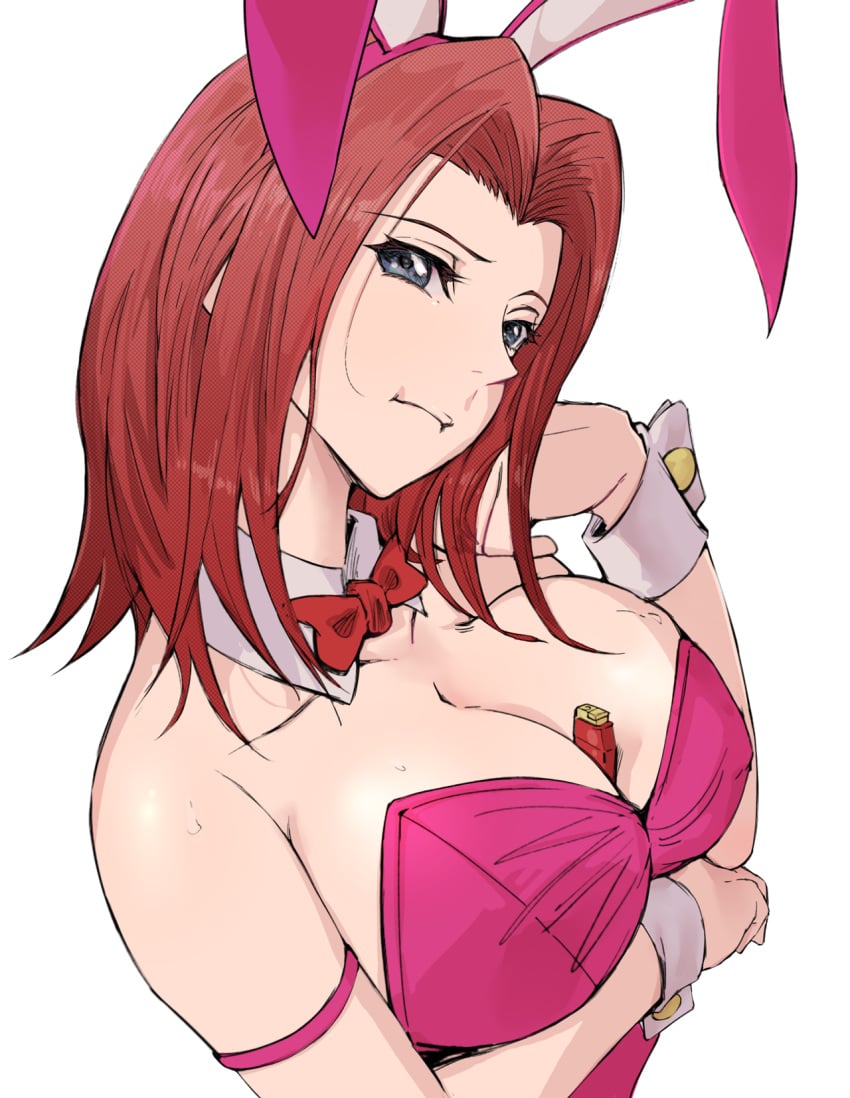 big_breasts blue_eyes breasts bunny_ears bunnysuit code_geass female kallen_stadtfeld lighter looking_at_viewer red_bow red_hair shan_laotou solo solo_female sweat tagme white_background white_skin