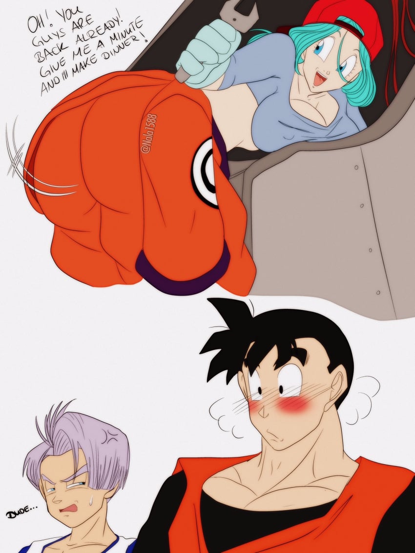 1boy 1girls 1milf 2boys ass ass_focus blue_eyes blue_hair blush breasts bulma_briefs cleavage clothed clothing dragon_ball dragon_ball_z friends_mother future_bulma future_gohan future_trunks huge_ass huge_breasts mature_female milf mother mother_and_son's_friend muscles muscular muscular_male nala1588 nipples older_female son_gohan tagme text trunks_(dragon_ball) trunks_briefs young_man_and_milf younger_male