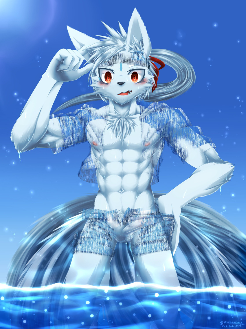 1boy 3:4 absurd_res akino-kamihara anthro balls barely_visible_balls barely_visible_genitalia barely_visible_penis blue_body blue_fur blush bodily_fluids bottomwear bulge censored chest_tuft clothed clothing clothing_pull creative_censorship crotch_tuft detailed_bulge dipstick_tail erection erection_under_clothing eyewear eyewear_on_head facial_markings fur generation_1_pokemon genital_outline genitals goggles goggles_on_head hair head_markings hi_res looking_at_viewer male male_only markings multi_tail muscular muscular_anthro muscular_male ninetales nintendo nipples outside partially_submerged penis penis_outline pokemon pokemon_(species) ponytail shiny_ninetales shiny_pokemon solo speedo suntan surprise sweat swimwear tail tail_markings tan_line translucent translucent_clothing tuft water wet white_body white_fur