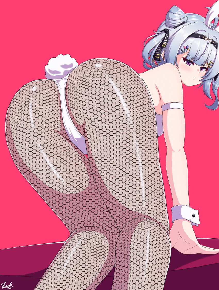 1girls ahoge all_fours annoyed_expression armwear ass ass_focus bare_shoulders blush bunny_ears bunny_tail bunnysuit butt butt_focus cone_hair_bun exposed_shoulders fishnet_legwear fishnet_pantyhose fishnets gray_hair grey_hair hi_res highres looking_at_viewer looking_back nijisanji nijisanji_en purple_eyes shiny_ass solo solo_female solo_focus tied_hair twin_buns twintails virtual_youtuber vlacksr wrist_cuffs zaion_lanza