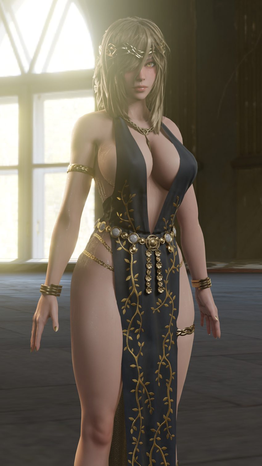 1girls 3d alternate_hairstyle big_breasts blonde_hair cleavage dress elden_ring female female_only fromsoftware khaidow_a_roy milf queen_marika_the_eternal thick_thighs wide_hips