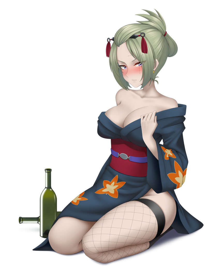 alcohol big_breasts blonde_hair blush cleavage drunk facial_scar female female_only fishnet_thighhighs fishnets full_body gintama hair_ornament hervi hi_res kimono kunai kunoichi looking_at_viewer no_bra obi off_shoulder purple_eyes seiza side_slit single_thighhigh sitting solo tied_hair tsukuyo undressing