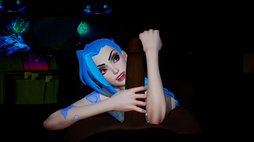 1boy 3d 3d_(artwork) blue_hair dark-skinned_male female interracial jinx_(league_of_legends) joey3d_(artist) large_penis league_of_legends light-skinned_female partial_male pink_eyes