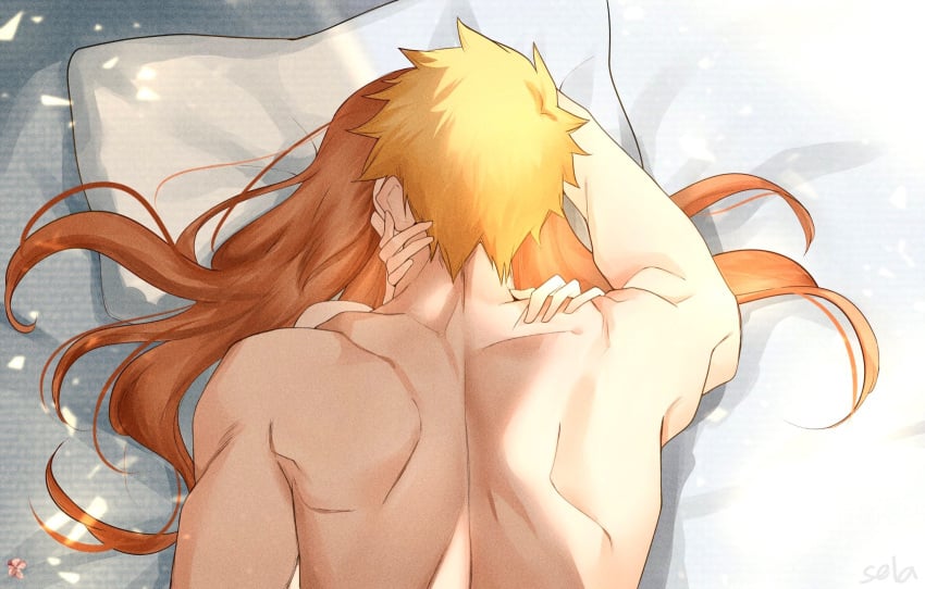 1boy 1girls back_muscles back_view bleach cinderserra female ichigo_kurosaki implied_sex inoue_orihime long_hair male missionary_position on_back orange_hair romantic sex short_hair wholesome