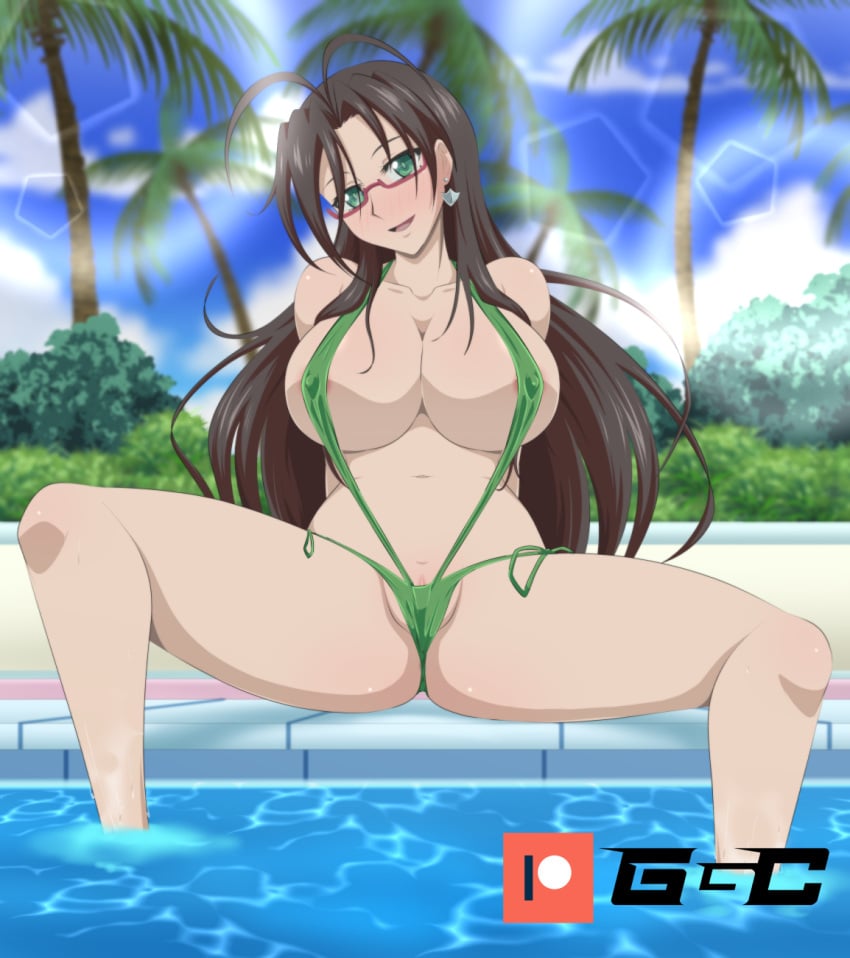 blush brown_hair earrings female_only ggc glasses green_eyes hasegawa_chisato long_hair looking_at_viewer one-piece_swimsuit shinmai_maou_no_testament solo_focus spread_legs thick_thighs thighs uncensored wide_hips