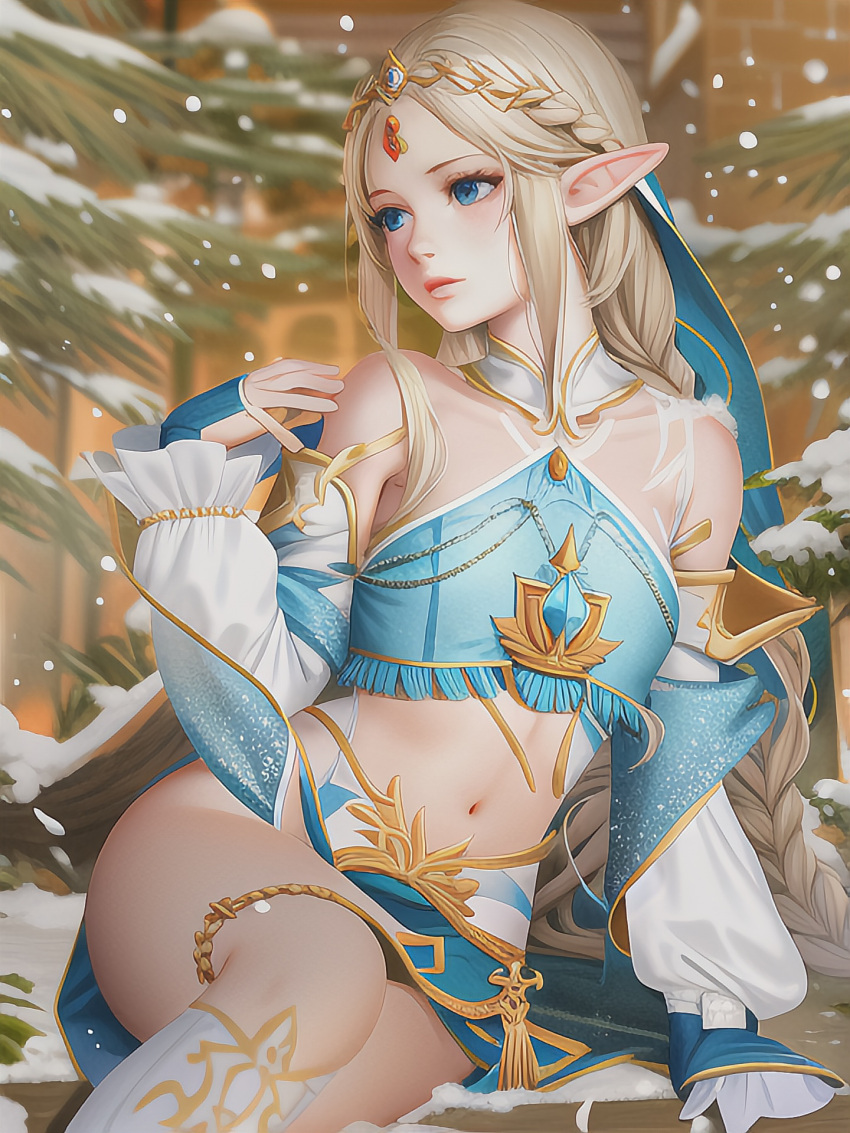 ai_generated bad_hands belly_button blonde_hair blue_eyes elf elf_ears elf_female elf_girl female female_only nintendo princess_zelda snow snowing the_legend_of_zelda video_game video_game_character video_games