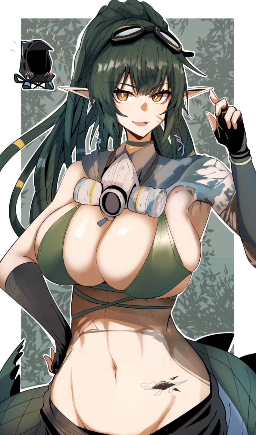 1girls arknights big_breasts bikini_top breasts doctor_(arknights) gas_mask gavial_(arknights) gavial_the_invincible_(arknights) gin_moku goggles_on_head green_hair hand_on_hip light-skinned_female light_skin long_hair looking_at_viewer oripathy_lesion_(arknights) pointy_ears tagme tail yellow_eyes