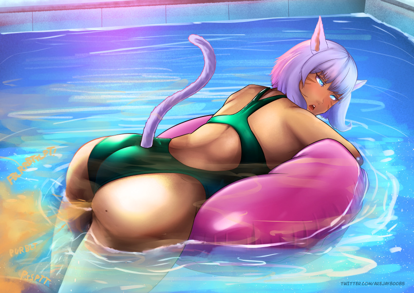 1girls animal_ears arejay ass ass bent_over blue_eyes cat_ears cat_tail catgirl fart fart_cloud fart_fetish farting final_fantasy final_fantasy_xiv looking_back miqo'te mole mole_on_ass pool short_hair shoulder_length_hair solo_female square_enix swimsuit swimwear tail water white_hair y'shtola