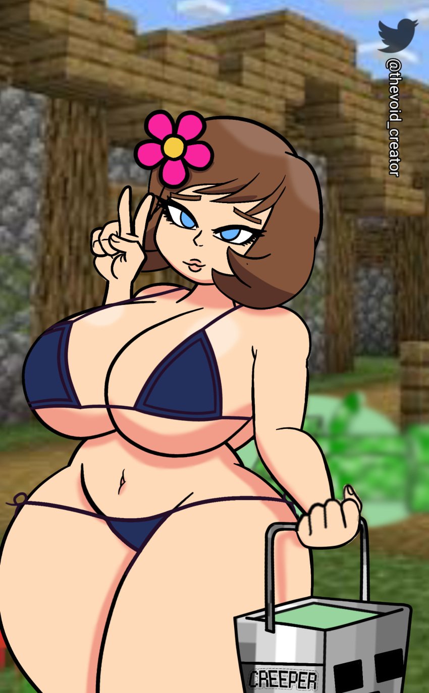 1girls artist_name big_breasts bikini blue_eyes brown_hair female female_only flower_in_hair giant_breasts horny_female human_female humanoid jenny_belle_(slipperyt) jpeg jpeg_artifacts light-skinned_female light_skin minecraft original_character outside pale-skinned_female pale_skin solo void_creator watermark