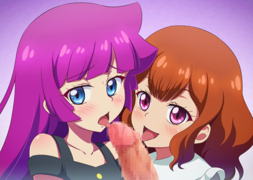 2girls atachi_mimi bangs black_shirt blue_eyes blush collaborative_fellatio cooperative_fellatio fellatio highres kirishima_romin laika_(pixiv) licking licking_penis looking_at_viewer multiple_girls open_mouth oral orange_hair penis purple_eyes purple_hair shirt teamwork tongue tongue_out yu-gi-oh! yu-gi-oh!_sevens