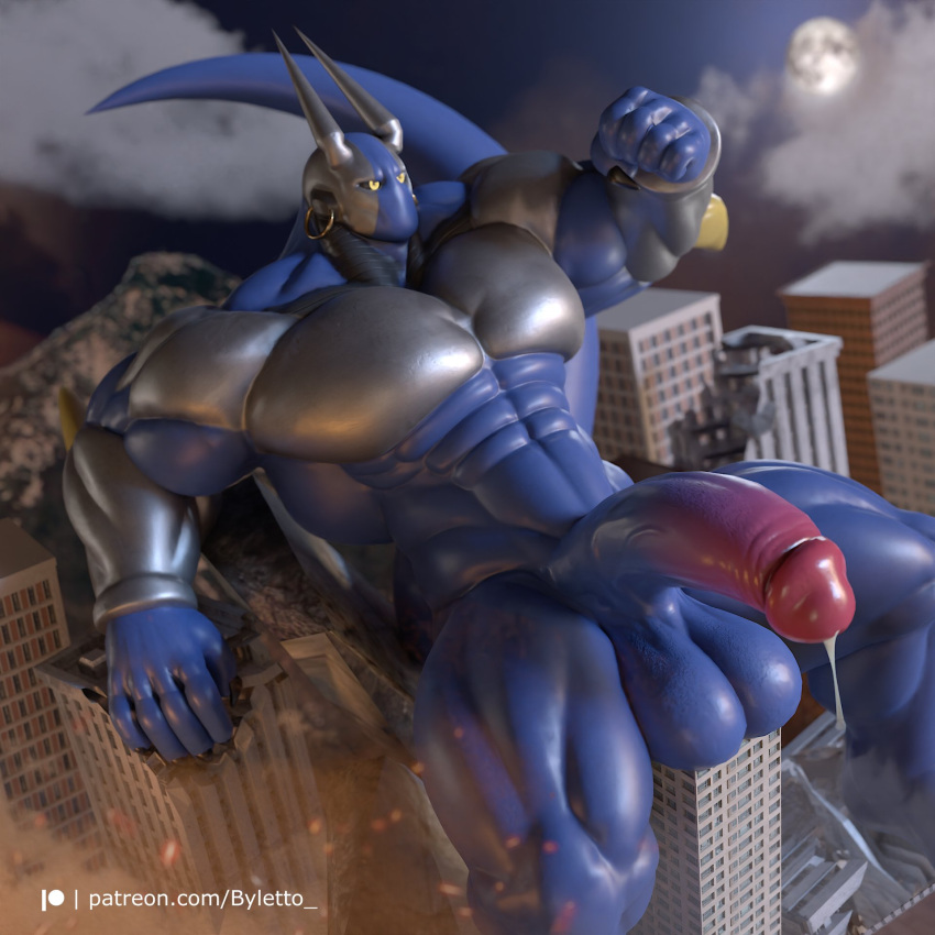 5_fingers abs balls biceps big_muscles big_penis blue_body blue_skin bodily_fluids byletto city cloud cum cum_strand destruction fingers finnter_(e-zoid) genital_fluids genitals hi_res horn huge_cock huge_muscles huge_pecs humanoid leaking_cum male male_only moon mountain muscular muscular_humanoid muscular_male penis pink_penis quads silver_skin sitting solo vein veiny_penis yellow_eyes