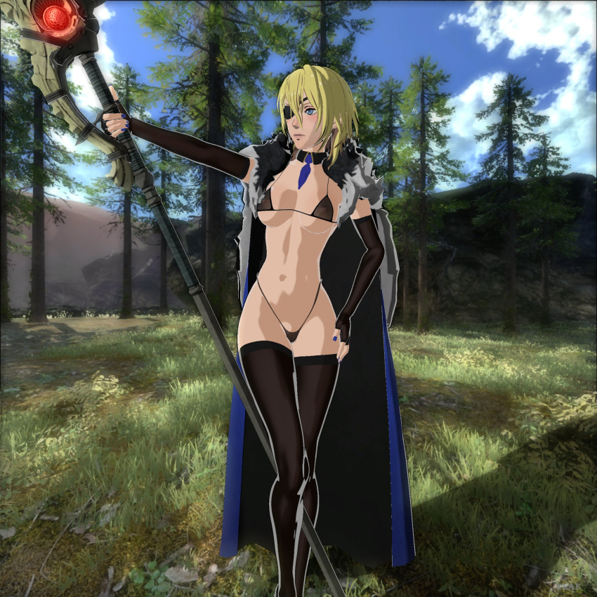 1girls 3d bare_thighs between_legs black_bra black_panties black_thighhighs blonde_hair blue_eyes blue_nails bra breasts cape choker cleavage dimitri_alexandre_blaiddyd eye_patch female female_only fire_emblem fire_emblem:_three_houses forest genderswap_(mtf) hair_between_eyes heels medium_breasts micro_bra nail_polish navel nintendo nipples outdoors panties pose pussy rule_63 see-through see-through_bra see-through_panties short_hair sideboob solo spear thighhighs thighs thong tree underboob underwear weapon ylae