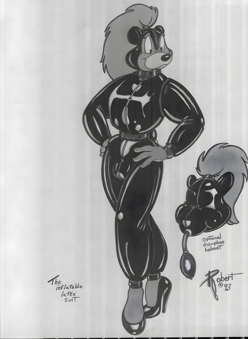 1990s 1993 1boy 20th_century breath_play bulge bulge_through_clothing crossdressing english english_text fake_breasts furry furry_only greyscale inflatable latex mask original ponytail robert_bear rubber_mask sensory_deprivation traditional_media_(artwork) vawlkee