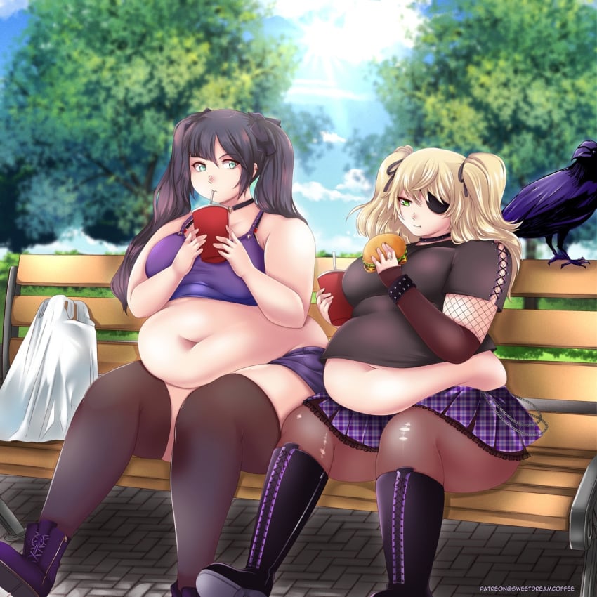 2023 2girls animal bench bird burger chub chubby chubby_female drink duo eating fat fat_female fat_girl fat_woman fatty female female_only food gluttony hamburger obese obese_female overweight raven_(bird) sdcgirlsart sitting tagme tubby tummy