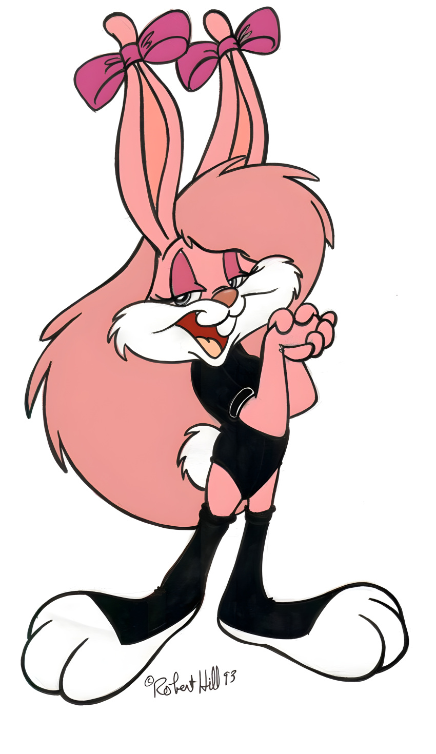 1990s 1993 1girls 20th_century absurd_res artist_signature babs_bunny color furry furry_only latex latex_leotard leotard pink_fur pinup rubber rubber_boots tiny_toon_adventures traditional_media_(artwork) vawlkee white_background