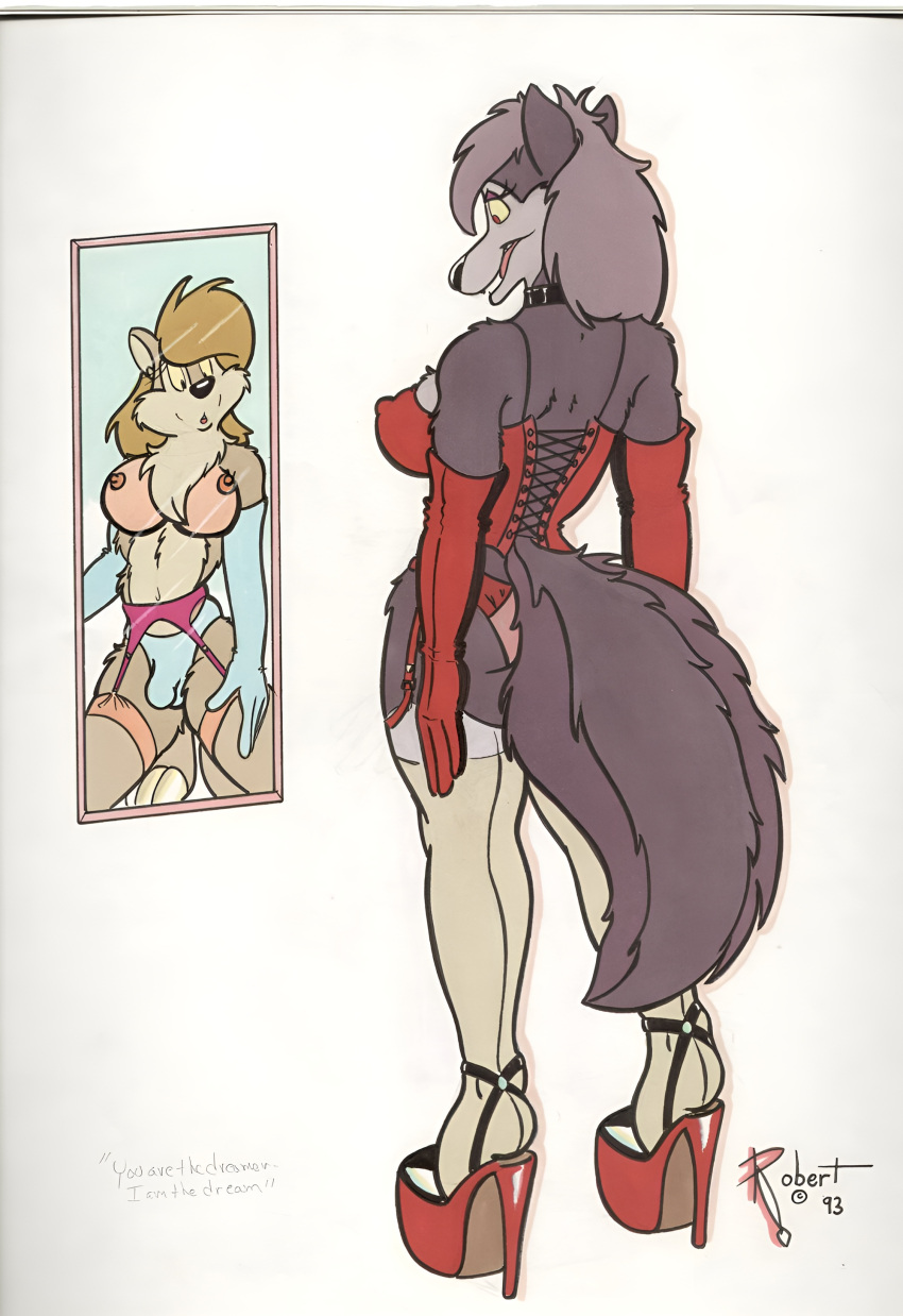 1990s 1993 20th_century bulge bulge_through_clothing corset fake_breasts femdom garter_belt garter_straps latex latex_gloves long_gloves malesub original original_character original_characters panties sissification sissy traditional_media_(artwork) vawlkee wolf wolf_boy wolf_girl