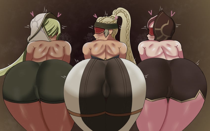 3girls aether_(genshin_impact) ass ass_focus big_ass big_butt blonde_hair dark-skinned_female dark_skin eremite_(genshin_impact) eremite_floral_ring-dancer_(genshin_impact) eremite_galehunter_(genshin_impact) eremite_scorching_loremaster_(genshin_impact) genshin_impact green_hair huge_ass itzaysel light-skinned_female light_skin npc pink_hair pov thecoomerartist trio