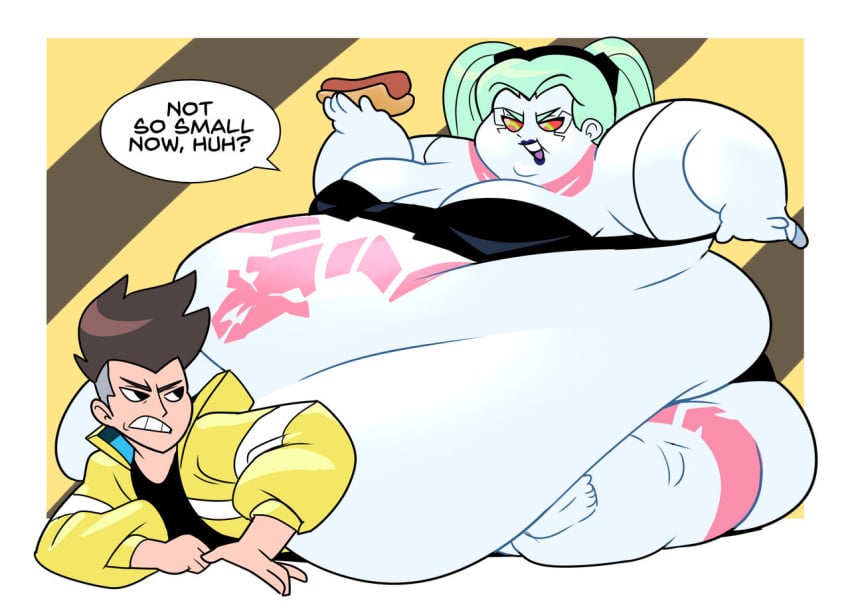 1boy 1girls blue_hair bra brown_hair choom cyberpunk:_edgerunners cyborg david_martinez_(edgerunners) eating food hot_dog huge_belly immobile obese obese_female overweight panties rebecca_(edgerunners) sitting_on_person superspoe tease