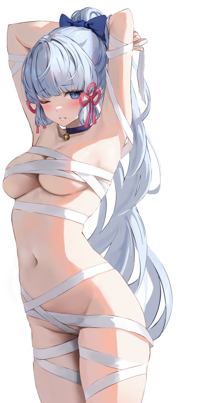 1girls almost_naked armpits arms_behind_head arms_up bandage bandages bell_collar blue_eyes blue_hair blunt_bangs blush breasts collar covered_nipples female genshin_impact high_ponytail hiki_niito hikinito_(leviathan) kamisato_ayaka light-skinned_female light_skin medium_breasts midriff naked_bandage ponytail sarashi solo stomach thighs underboob wink