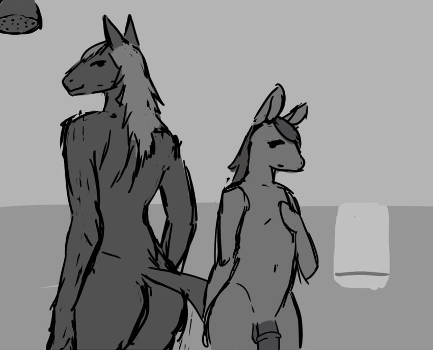 animated anthro duo equid equine genitals horse male male/male mammal moitasart nude penis shower size_difference throbbing_penis unfinished