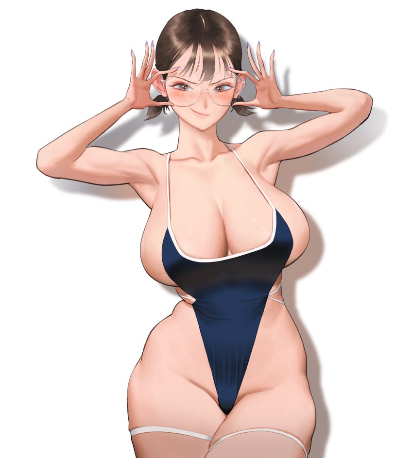 1girls armpits bursting_breasts bursting_clothes clavicle cowboy_shot curvy determined enormous_breasts glasses hourglass_figure huge_breasts leotard one-piece_swimsuit shadow slutty_swimsuit smile smug standing string_bikini swimsuit thighs_bigger_than_head tits_bigger_than_head twintails voluptuous white_background wonbin_lee