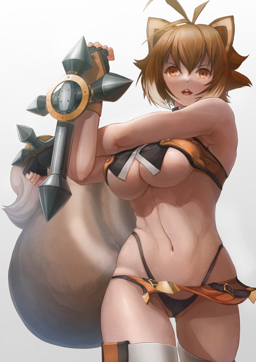 abs absurdres animal_ears antenna_hair armpits bangs bare_shoulders black_gloves black_panties black_shorts blazblue breasts brown_eyes brown_hair cameltoe clenched_hands cowboy_shot crop_top dai_toro dual_wielding female fingerless_gloves gloves groin hair_between_eyes hand_up highleg highleg_panties highres holding large_breasts looking_at_viewer makoto_nanaya multicolored_hair navel open_mouth orange_shirt orange_skirt panties revealing_clothes shirt short_hair shorts sidelocks simple_background skindentation skirt sleeveless sleeveless_shirt solo squirrel_ears squirrel_girl squirrel_tail stomach stretching tail teeth thighhighs tonfa two-tone_hair underboob underwear upper_teeth_only weapon white_background white_thighhighs