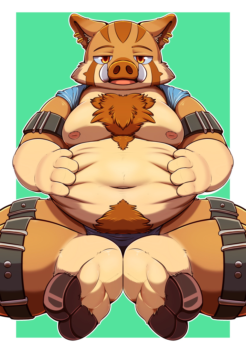 absurd_res aciag anthro anthro_only brown_body brown_fur chest_tuft fangs fur hi_res hooves leather looking_at_viewer male mammal nipples overweight pig_nose simple_background solo suid suina sus_(pig) teeth tuft wild_boar