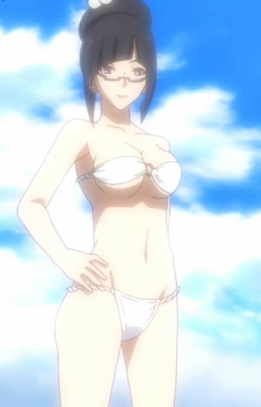 1girls accurate_art_style anime_screencap big_breasts bikini black_hair blazblue busty female female_only glasses hair_bun hand_on_hip highres legs litchi_faye_ling mature_female navel o-ring o-ring_bikini red_eyes screencap screenshot smile stitched swimsuit thighs voluptuous white_bikini