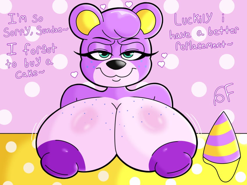 animal_crossing anthro bear bedroom_eyes big_breasts bomba_world12 breasts clothing female freckles freckles_on_breasts fur hat headgear headwear hi_res looking_at_viewer mammal megan_(animal_crossing) narrowed_eyes naughty_face nintendo nipples party_hat purple_body purple_fur purple_nipples seductive smug solo