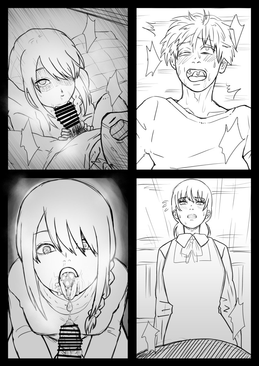 1boy 2girls aged_up blowjob blush braided_hair breasts censor_bar censored chainsaw_man clenched_teeth cum cum_in_mouth denji_(chainsaw_man) fellatio greyscale long_hair makuzira364 mitaka_asa monochrome nayuta_(chainsaw_man) netorare ntr open_mouth oral penis saliva school_uniform short_hair sketch surprised tongue_out twintails