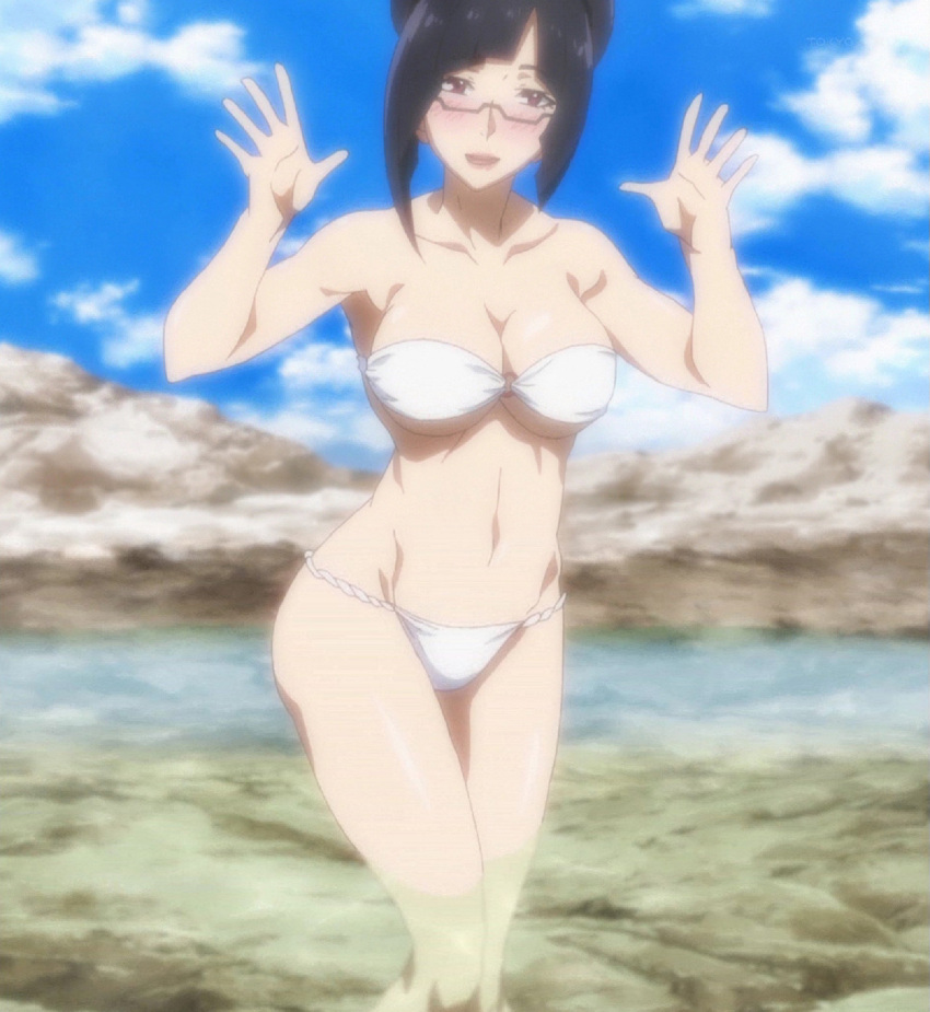 1girls accurate_art_style armpit_peek big_breasts bikini black_hair blazblue blush busty female female_only glasses hair_bun highres legs litchi_faye_ling mature_female navel o-ring o-ring_bikini onsen red_eyes screencap smile stitched swimsuit thighs third-party_edit voluptuous white_bikini