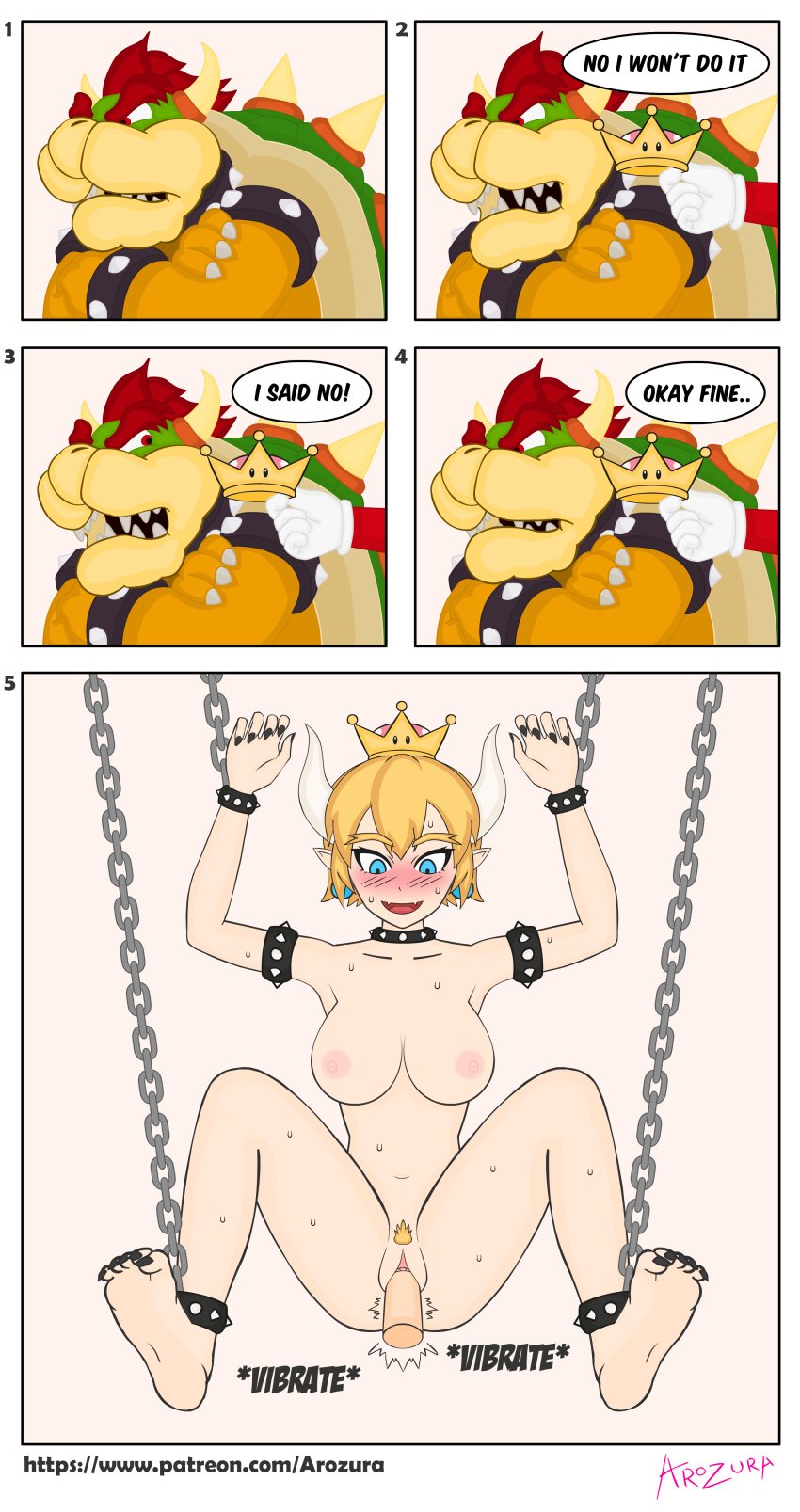 1girl 1girls arozura_(artist) artist_name artist_signature big_boobs big_breasts boobs bowser bowsette breasts chained chains color colored comic dialog female hairy_pussy humor humour mario mario_(series) new_super_mario_bros._u_deluxe nintendo painted_nails pussy rule_63 signature super_mario_bros. tagme text thick_thighs thighs vagina vaginal vaginal_penetration vibrator vibrator_in_pussy